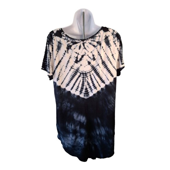 B.L.E.U. Womens Tie-Dye V-Neck XL Top Black White Studded Neck Boho Hippie - Picture 2 of 6